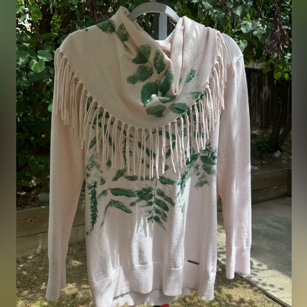 Fabric Spray Paint Design | "Flora Cowl-Cloak" Cream & Green Cowlneck Sweater